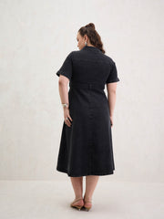 Women Black Denim Front Zipper Flared Hem Midi Dress-SFDRSS13075
