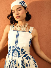 Women Blue & Off White Floral Strappy Short Dress-SFDRSS13076