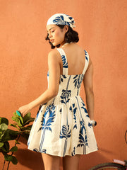 Women Blue & Off White Floral Strappy Short Dress-SFDRSS13076