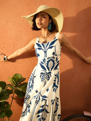Women Blue & Off White Floral Strappy Back Cut Out Maxi Dress-SFDRSS13077