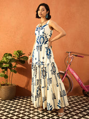 Women Blue & Off White Floral Strappy Back Cut Out Maxi Dress-SFDRSS13077