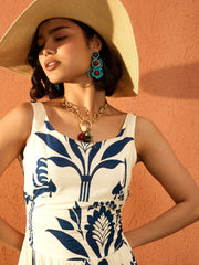 Women Blue & Off White Floral Strappy Back Cut Out Maxi Dress-SFDRSS13077