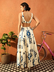Women Blue & Off White Floral Strappy Back Cut Out Maxi Dress-SFDRSS13077