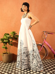 Women White Skyline Print Strappy Tie-up Maxi Dress-SFDRSS13078