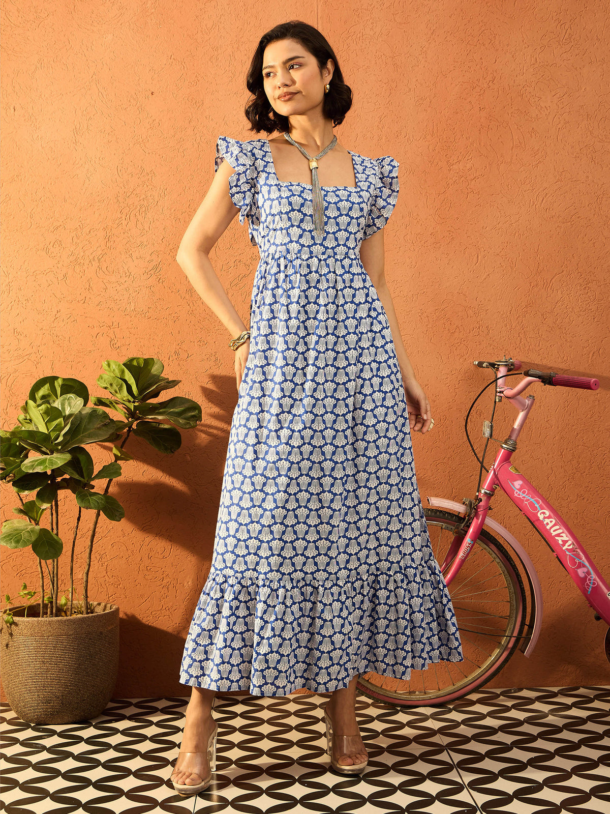 Women Blue & White Floral Back Knot Maxi Dress-SFDRSS13079