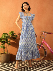 Women Blue & White Floral Back Knot Maxi Dress-SFDRSS13079