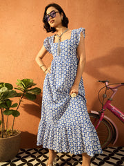 Women Blue & White Floral Back Knot Maxi Dress-SFDRSS13079