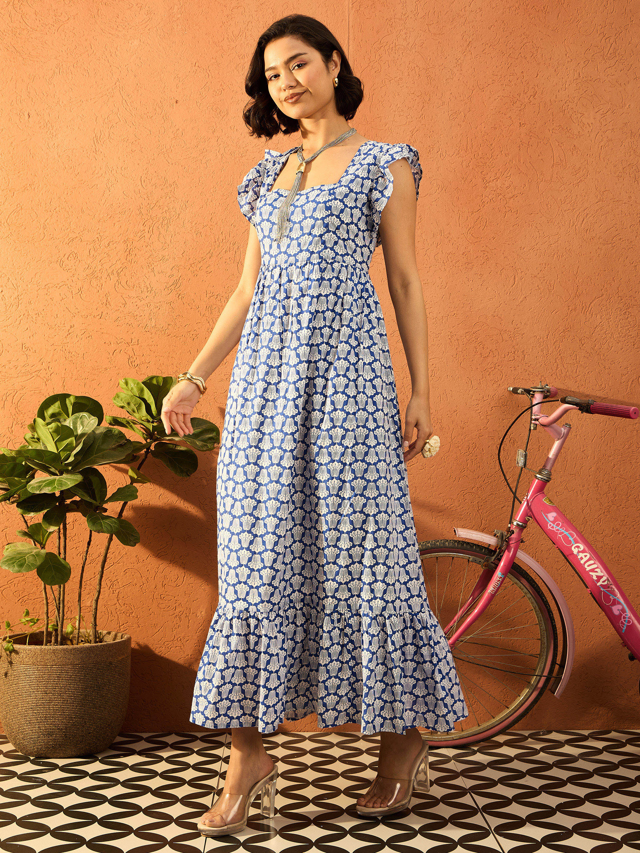 Women Blue & White Floral Back Knot Maxi Dress-SFDRSS13079