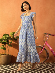 Women Blue & White Floral Back Knot Maxi Dress-SFDRSS13079
