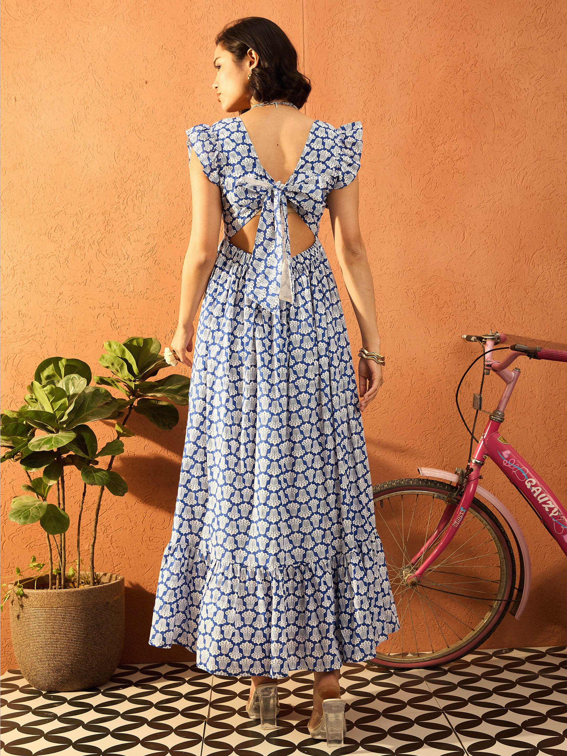 Women Blue & White Floral Back Knot Maxi Dress-SFDRSS13079
