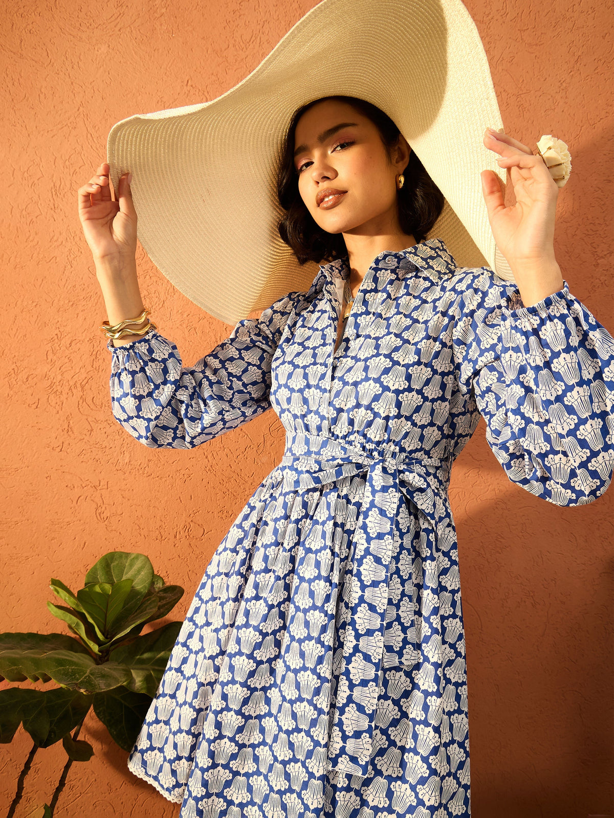 Women Blue & White Floral Front Button Short Dress-SFDRSS13080