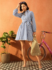 Women Blue & White Floral Front Button Short Dress-SFDRSS13080