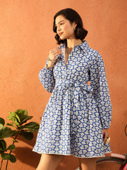 Women Blue & White Floral Front Button Short Dress-SFDRSS13080