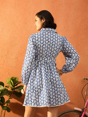 Women Blue & White Floral Front Button Short Dress-SFDRSS13080