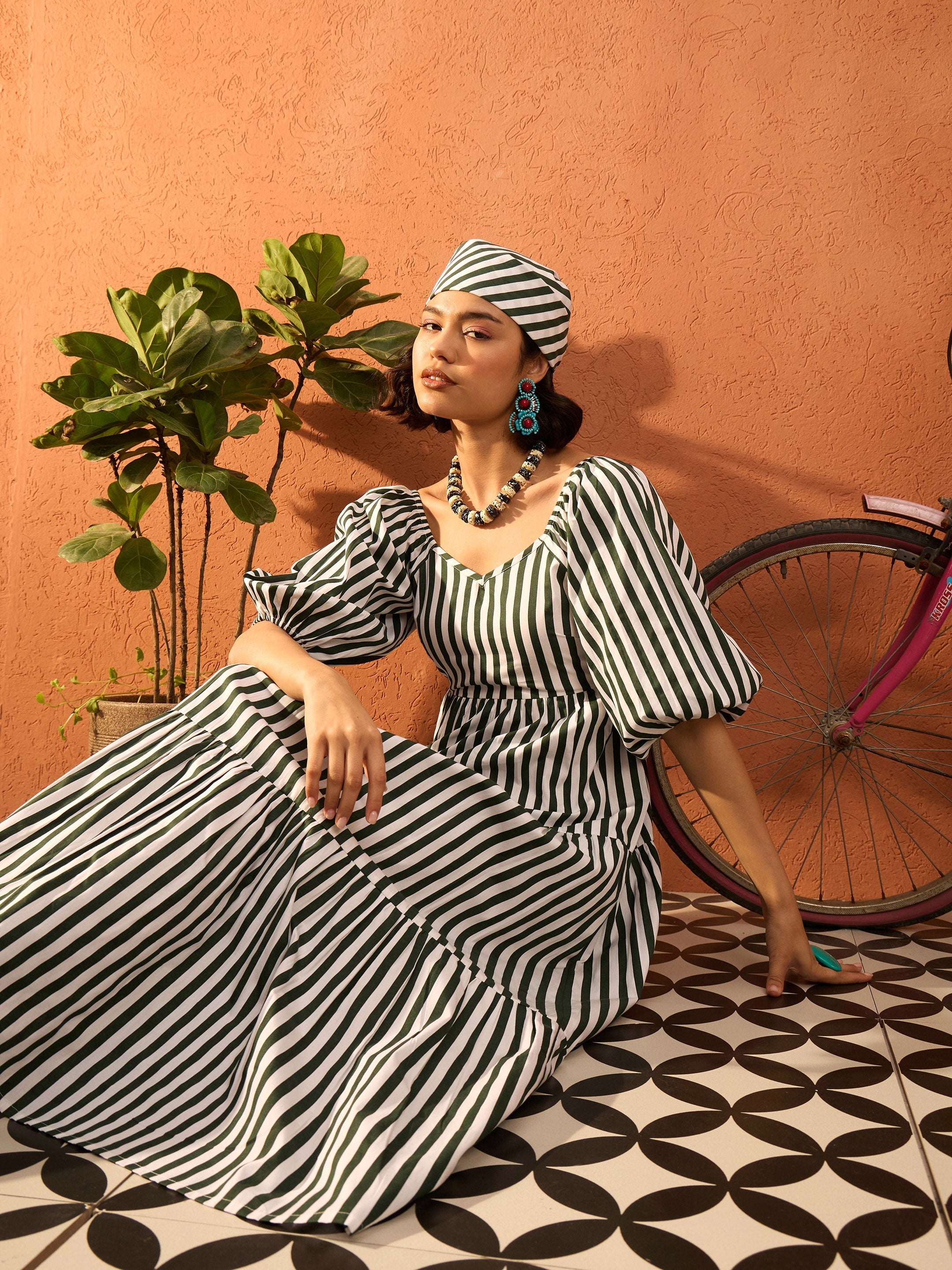 Women Green & White Stripe Tiered Maxi Dress-SFDRSS13081