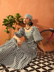 Women Green & White Stripe Tiered Maxi Dress-SFDRSS13081