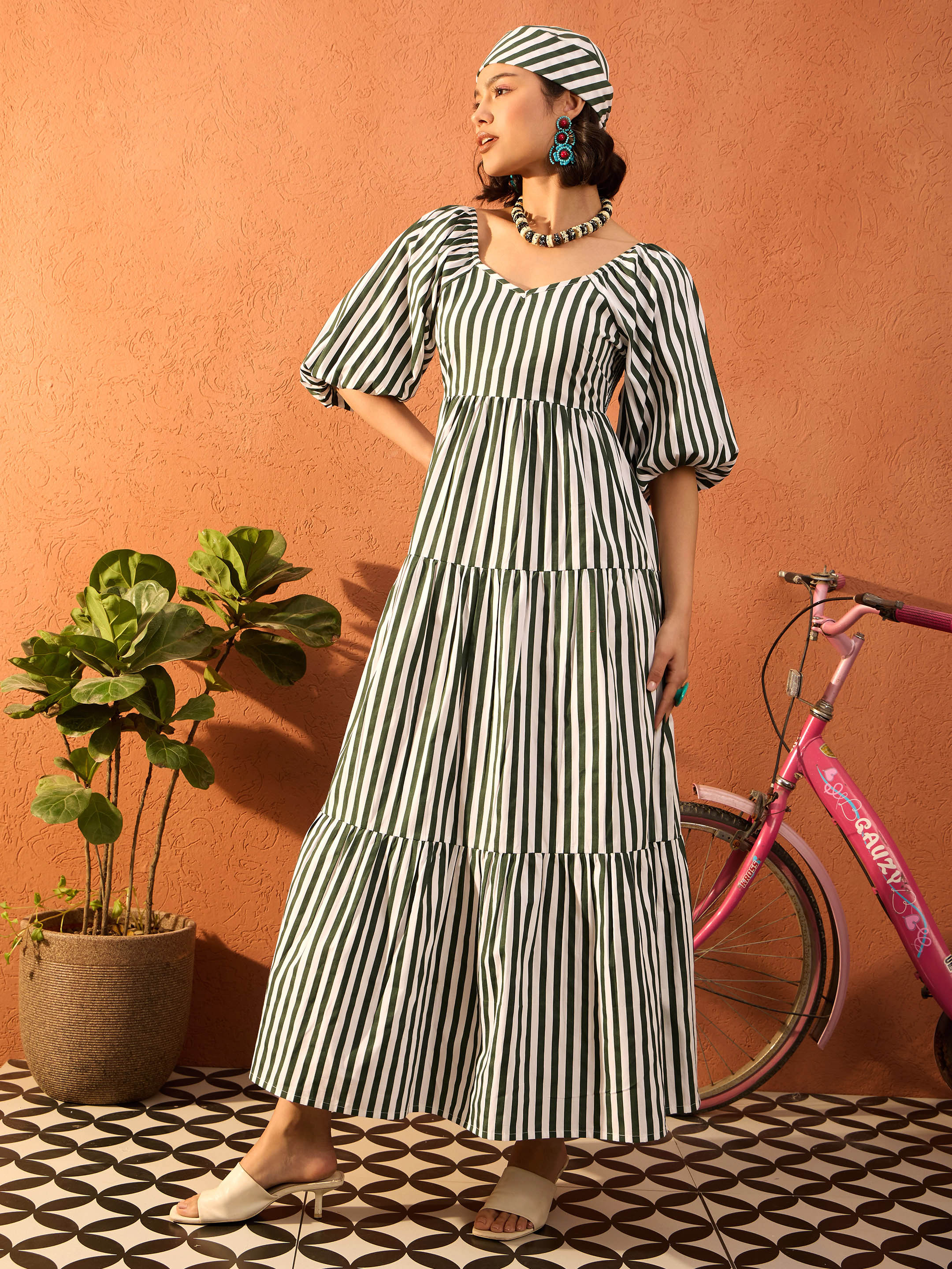 Women Green & White Stripe Tiered Maxi Dress-SFDRSS13081