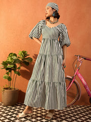Women Green & White Stripe Tiered Maxi Dress-SFDRSS13081