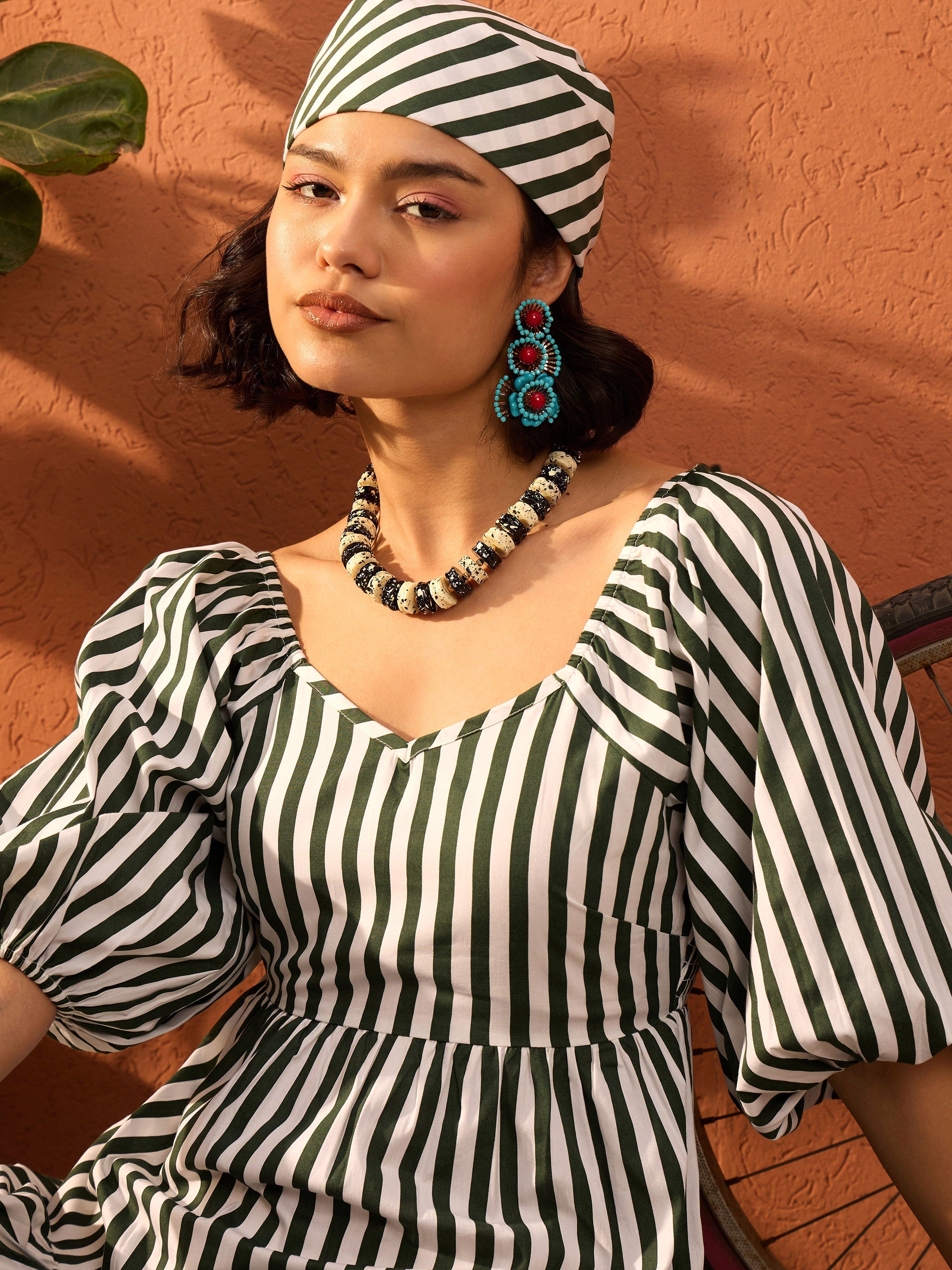 Women Green & White Stripe Tiered Maxi Dress-SFDRSS13081