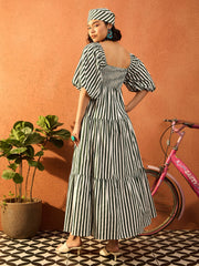 Women Green & White Stripe Tiered Maxi Dress-SFDRSS13081