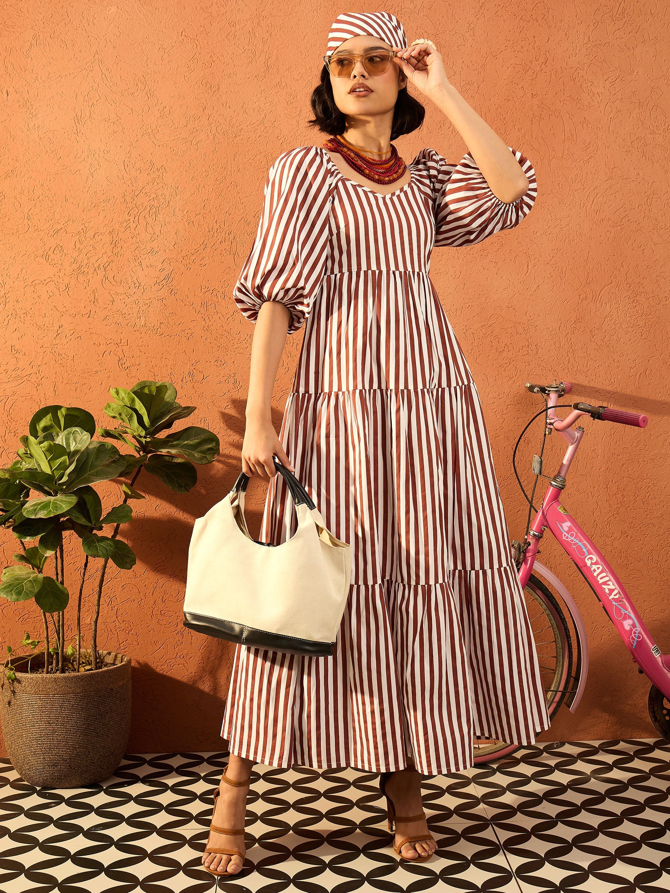 Women Brown & White Stripe Tiered Maxi Dress-SFDRSS13082