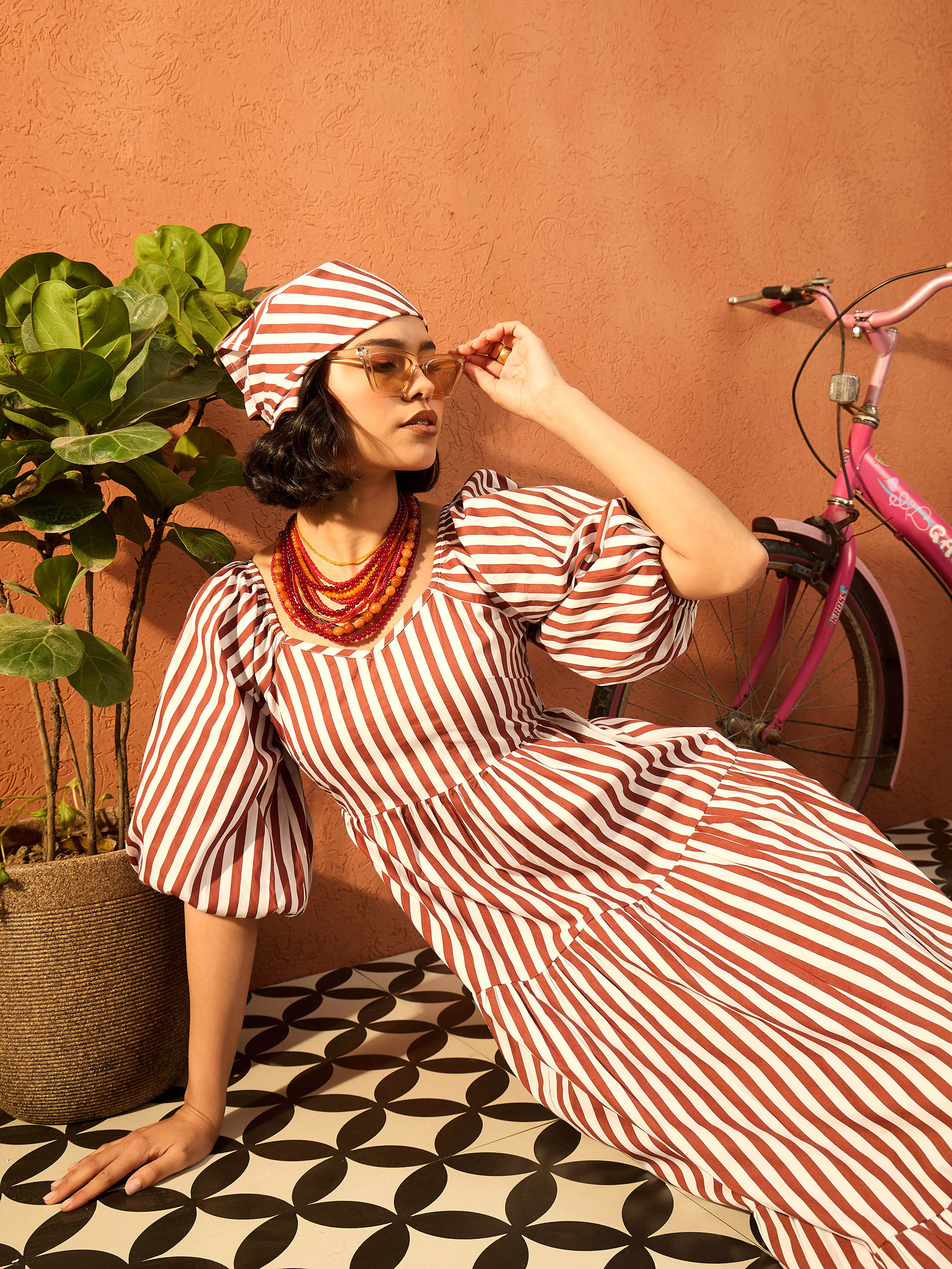 Women Brown & White Stripe Tiered Maxi Dress-SFDRSS13082
