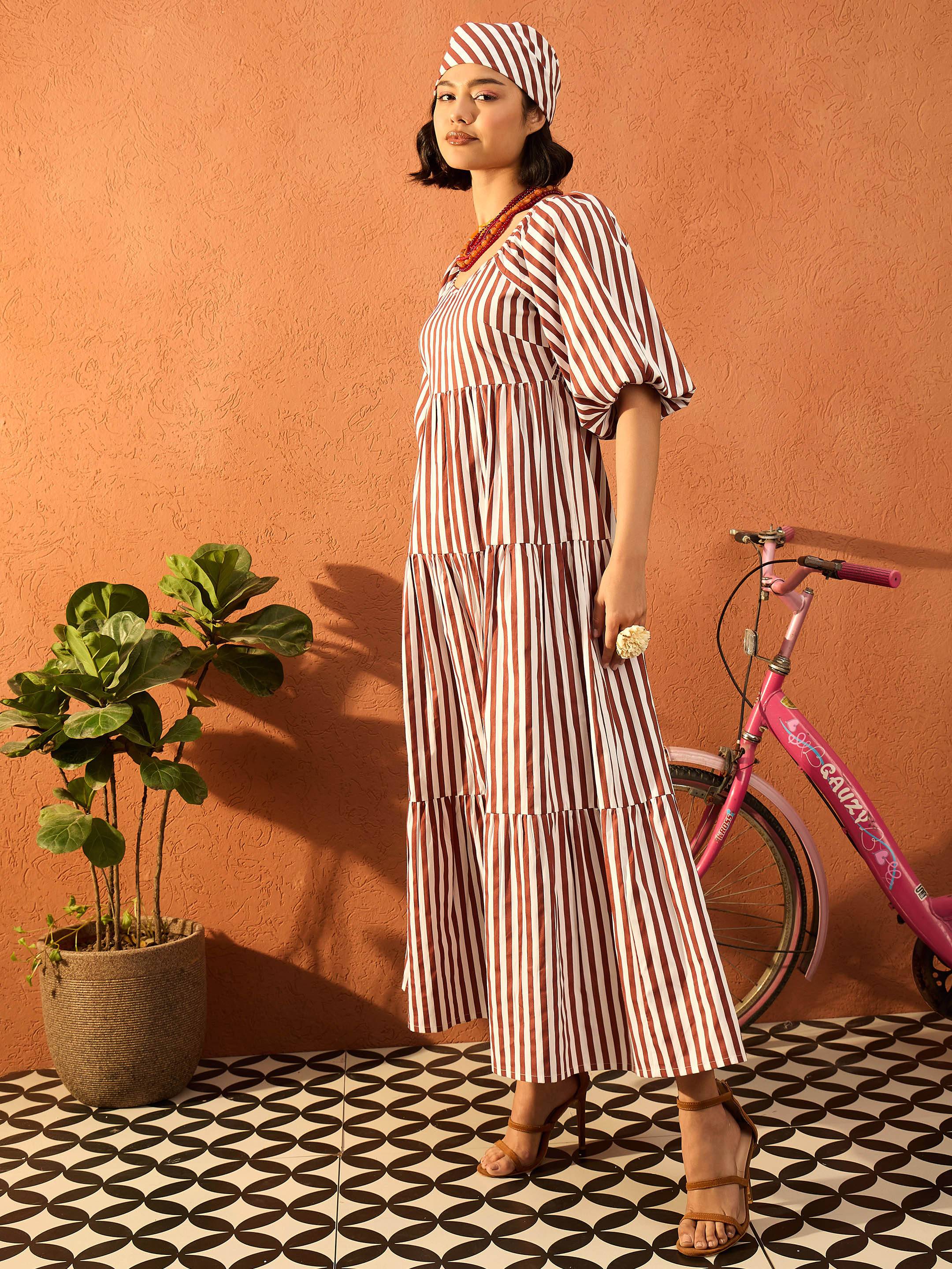 Women Brown & White Stripe Tiered Maxi Dress-SFDRSS13082