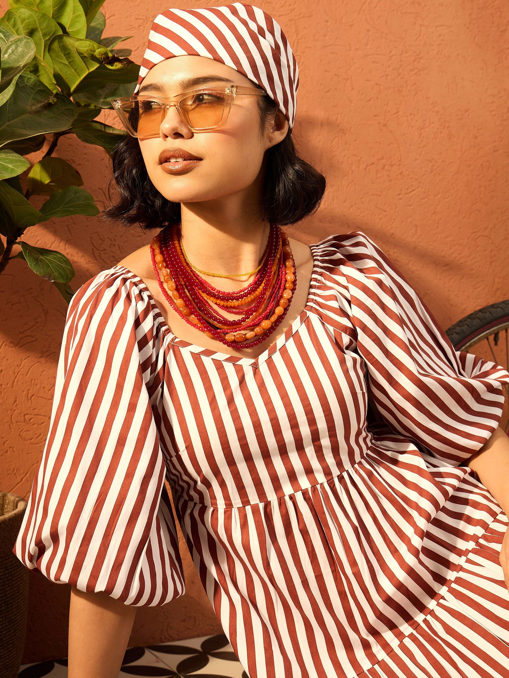 Women Brown & White Stripe Tiered Maxi Dress-SFDRSS13082