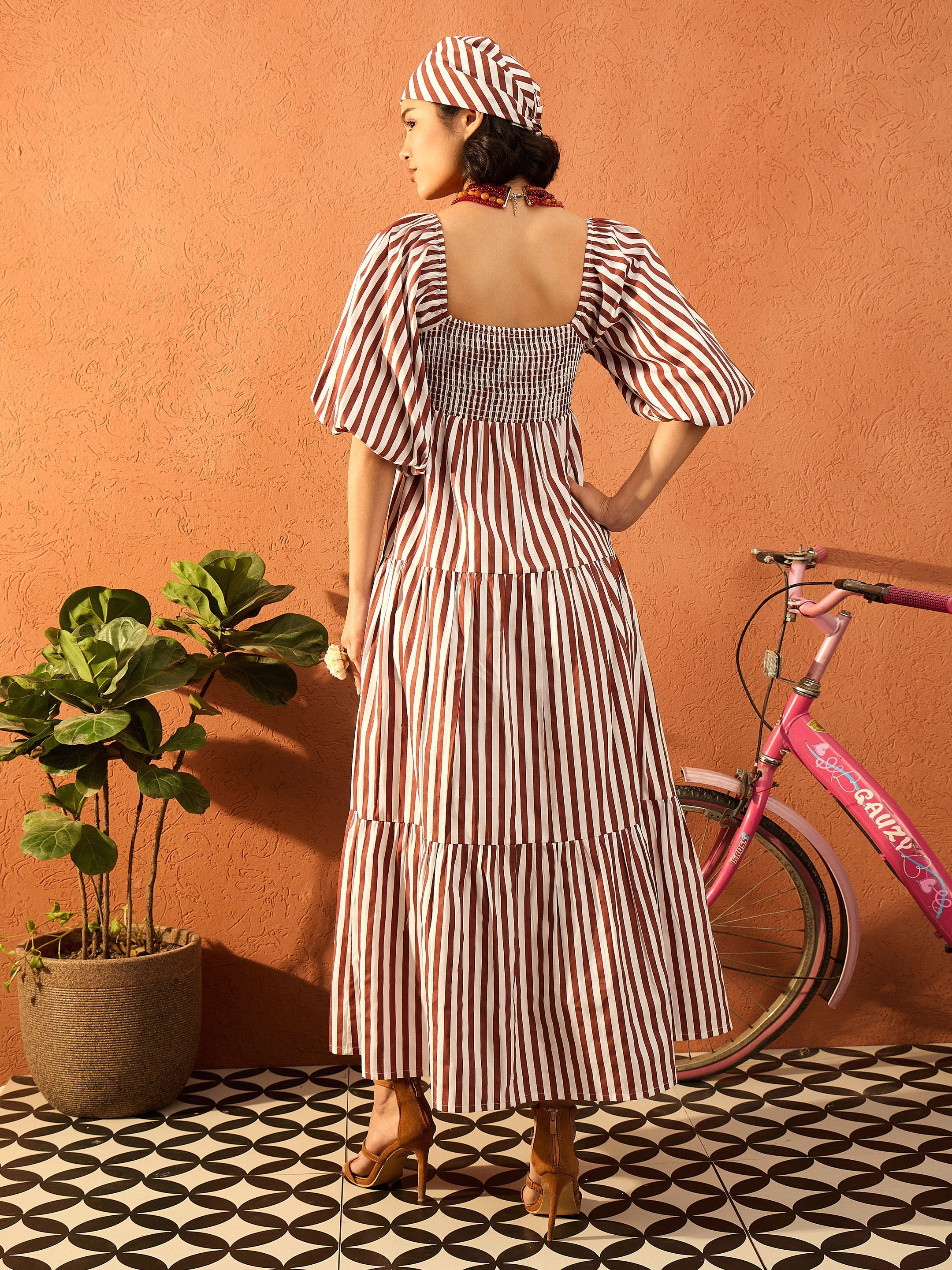Women Brown & White Stripe Tiered Maxi Dress-SFDRSS13082