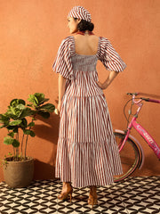 Women Brown & White Stripe Tiered Maxi Dress-SFDRSS13082