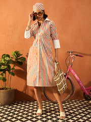 Women Brown & White Stripe Contrast Collar Midi Dress-SFDRSS13083