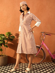 Women Brown & White Stripe Contrast Collar Midi Dress-SFDRSS13083