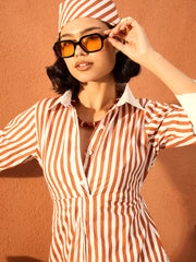 Women Brown & White Stripe Contrast Collar Midi Dress-SFDRSS13083