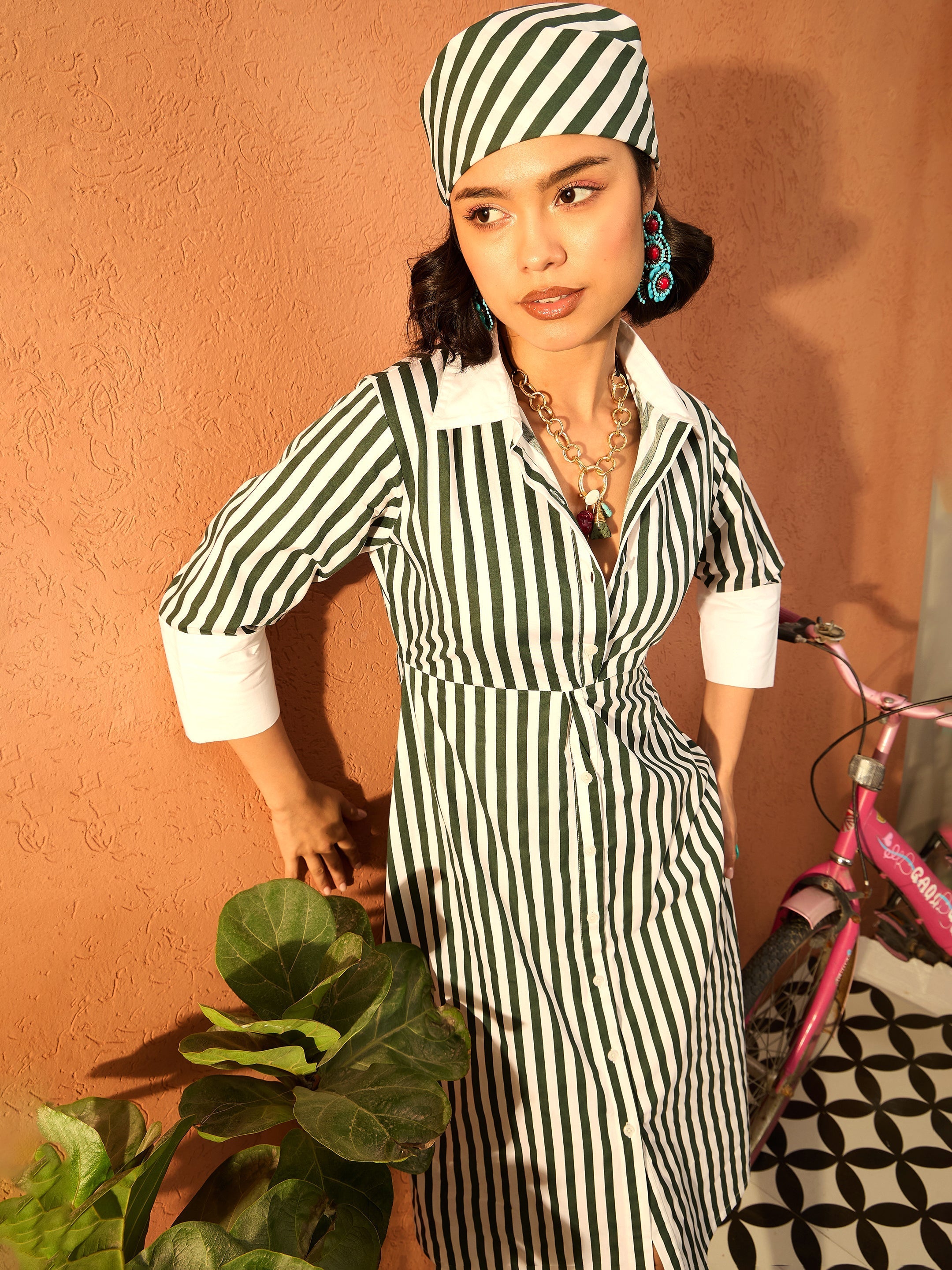 Women Green & White Stripe Contrast Collar Midi Dress-SFDRSS13084
