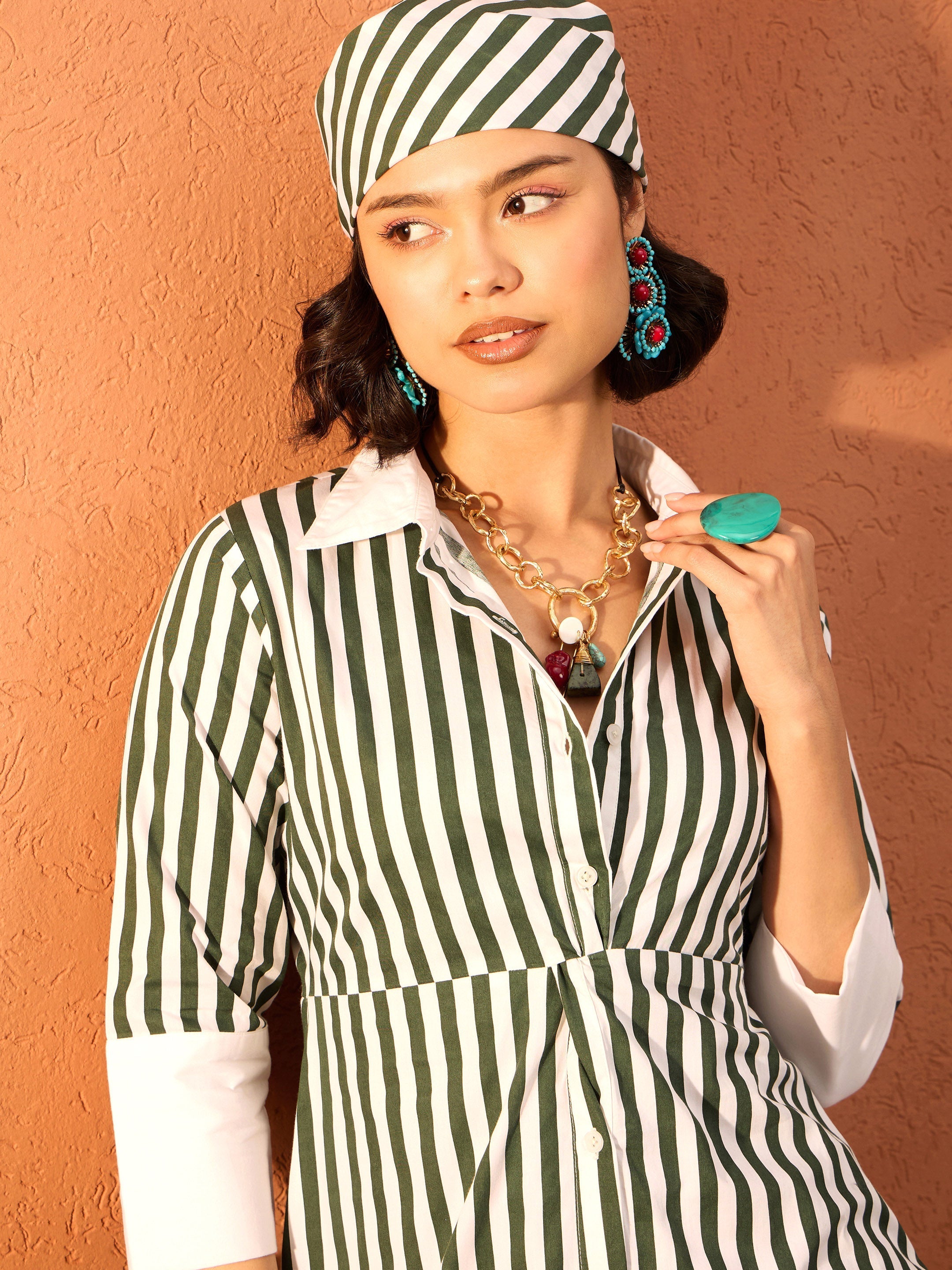 Women Green & White Stripe Contrast Collar Midi Dress-SFDRSS13084