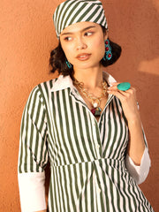 Women Green & White Stripe Contrast Collar Midi Dress-SFDRSS13084