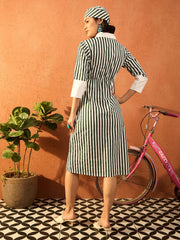 Women Green & White Stripe Contrast Collar Midi Dress-SFDRSS13084