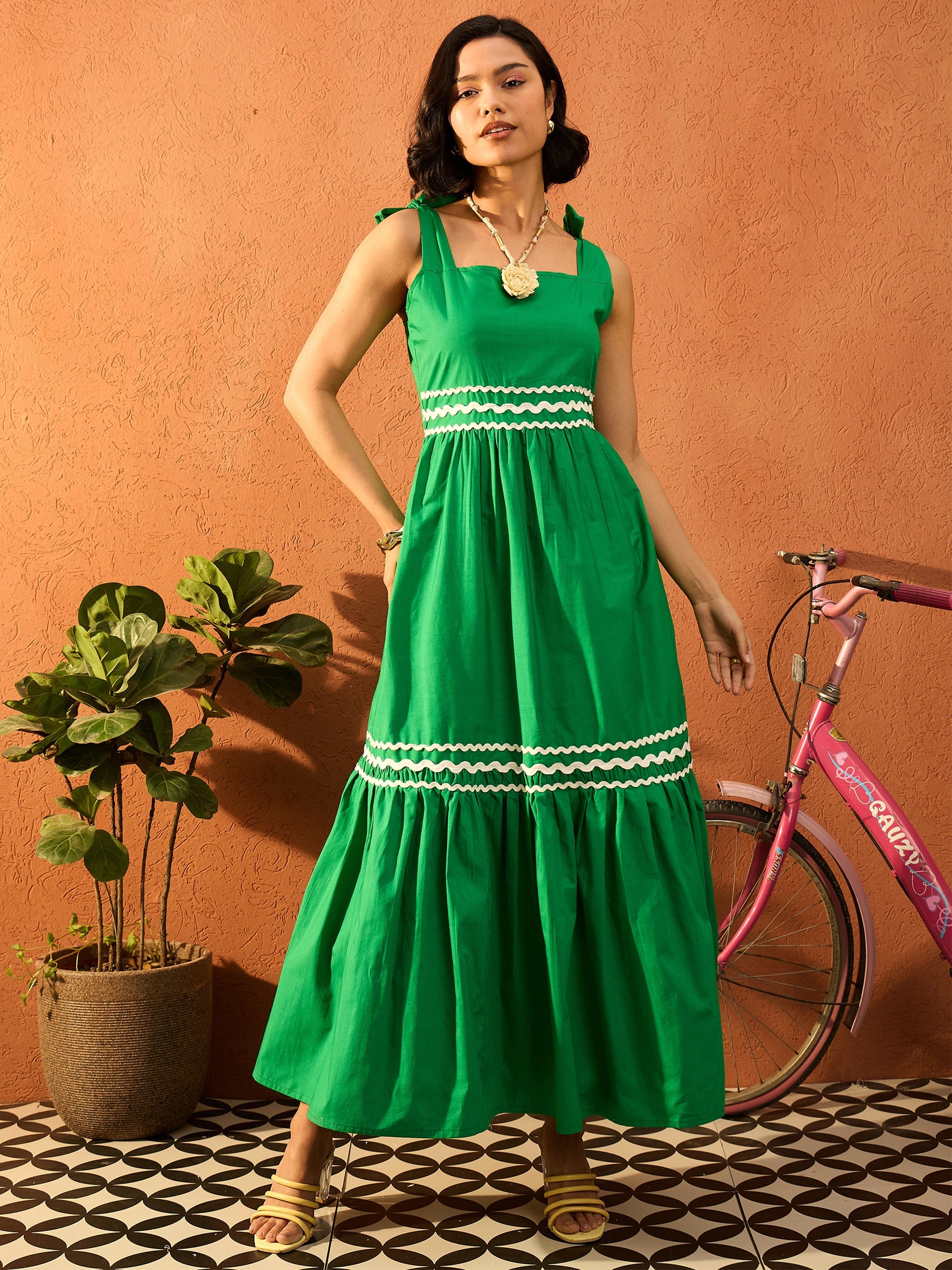 Women Green Ric Rac Lace Strappy Tiered Midi Dress-SFDRSS13085