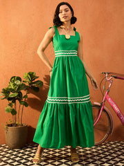 Women Green Ric Rac Lace Strappy Tiered Midi Dress-SFDRSS13085