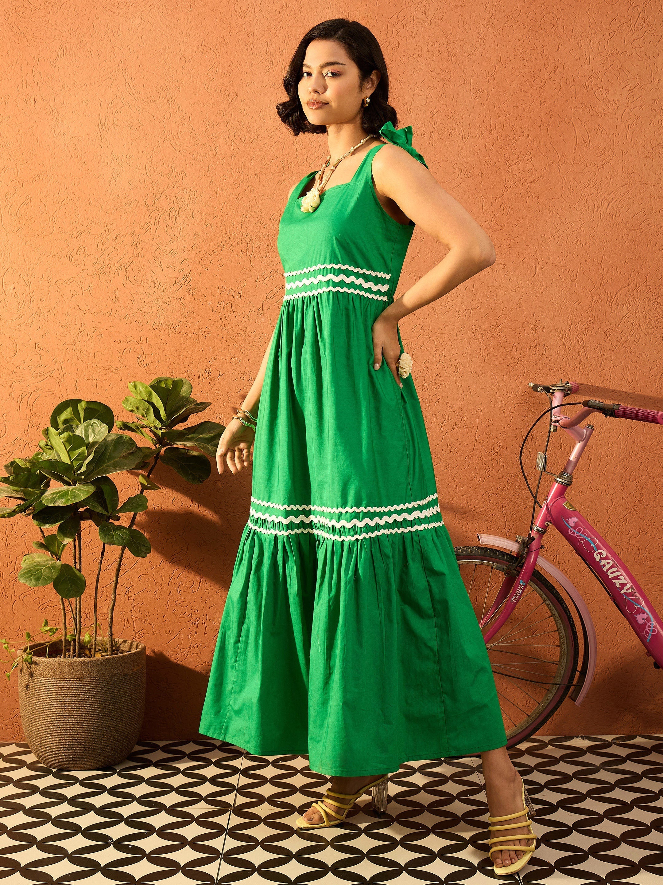 Women Green Ric Rac Lace Strappy Tiered Midi Dress-SFDRSS13085
