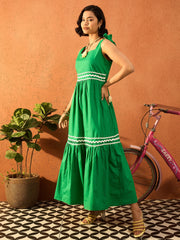 Women Green Ric Rac Lace Strappy Tiered Midi Dress-SFDRSS13085