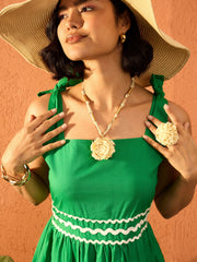 Women Green Ric Rac Lace Strappy Tiered Midi Dress-SFDRSS13085