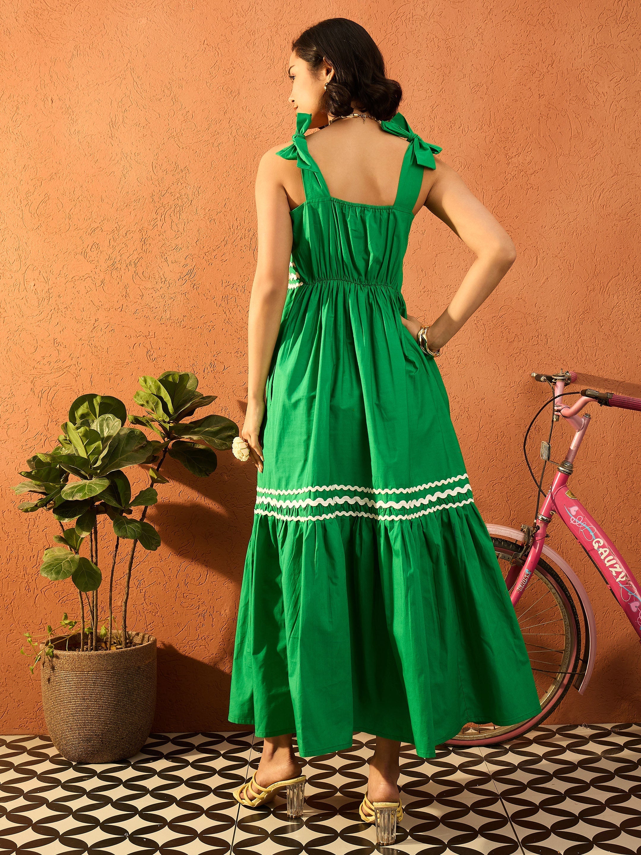 Women Green Ric Rac Lace Strappy Tiered Midi Dress-SFDRSS13085