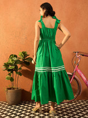 Women Green Ric Rac Lace Strappy Tiered Midi Dress-SFDRSS13085
