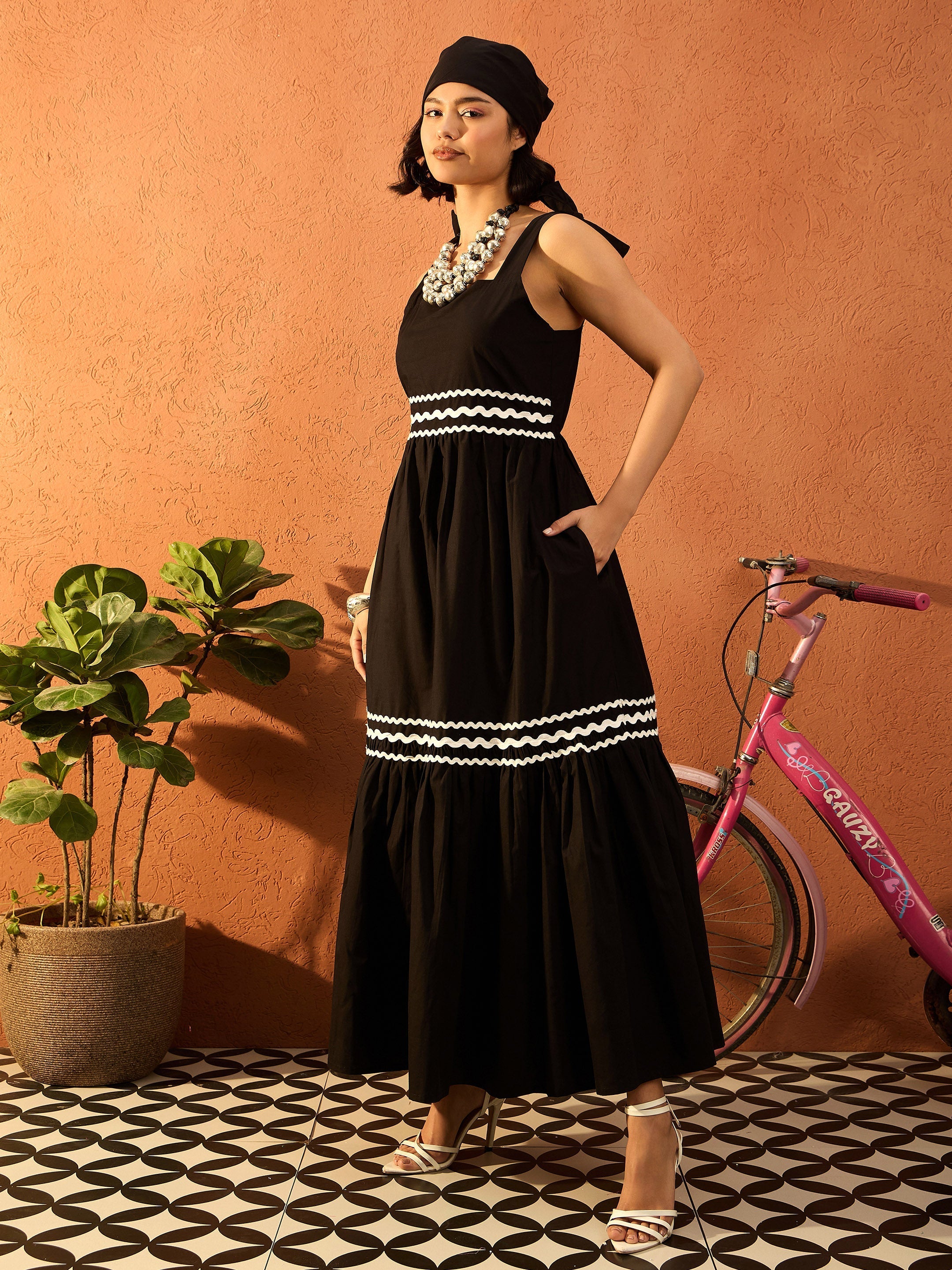 Women Black Ric Rac Lace Strappy Tiered Midi Dress-SFDRSS13086