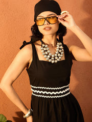 Women Black Ric Rac Lace Strappy Tiered Midi Dress-SFDRSS13086