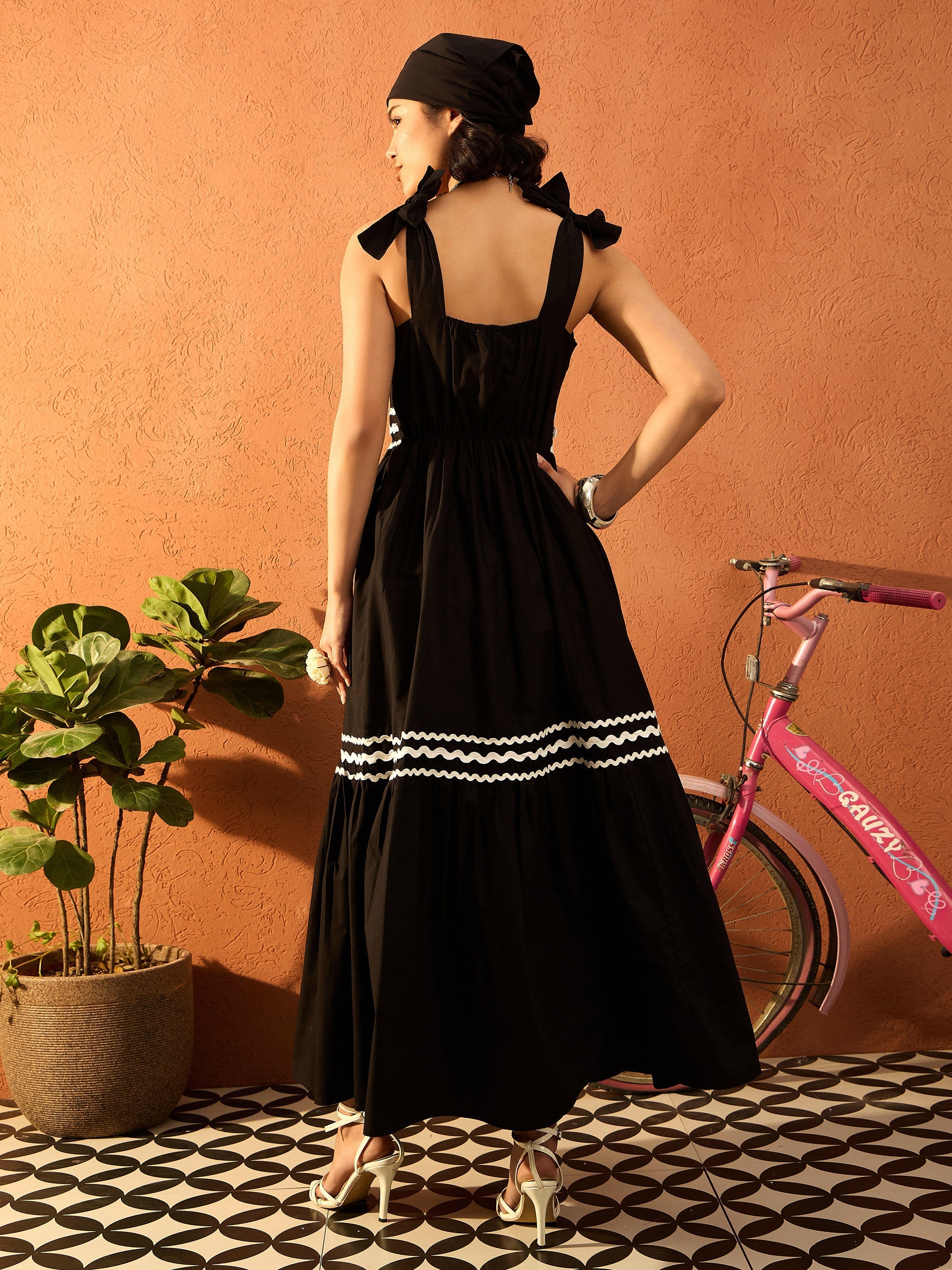 Women Black Ric Rac Lace Strappy Tiered Midi Dress-SFDRSS13086