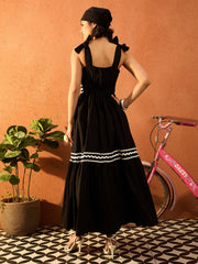 Women Black Ric Rac Lace Strappy Tiered Midi Dress-SFDRSS13086