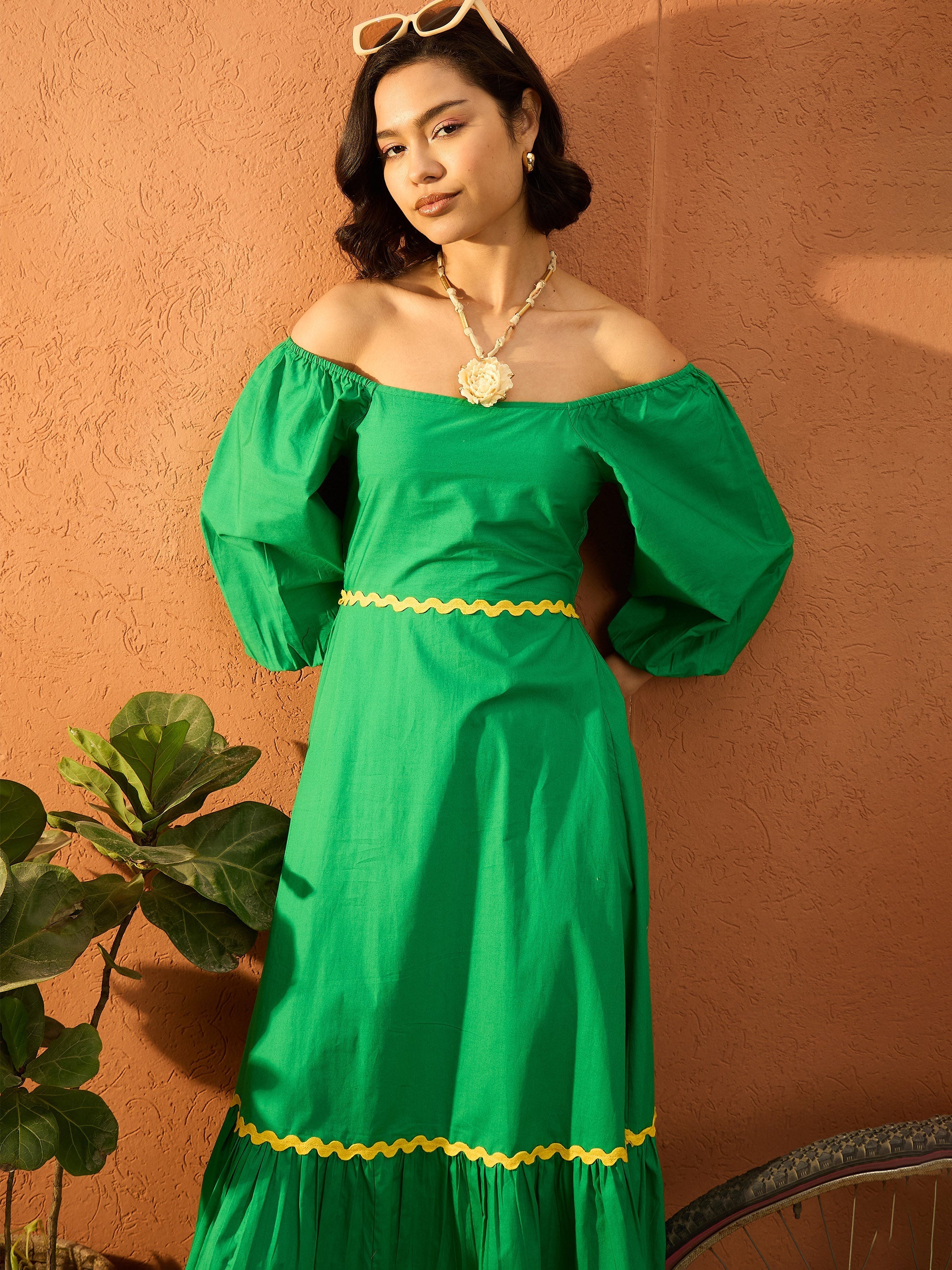 Women Green Ric Rac Lace Square Neck Maxi Dress-SFDRSS13087