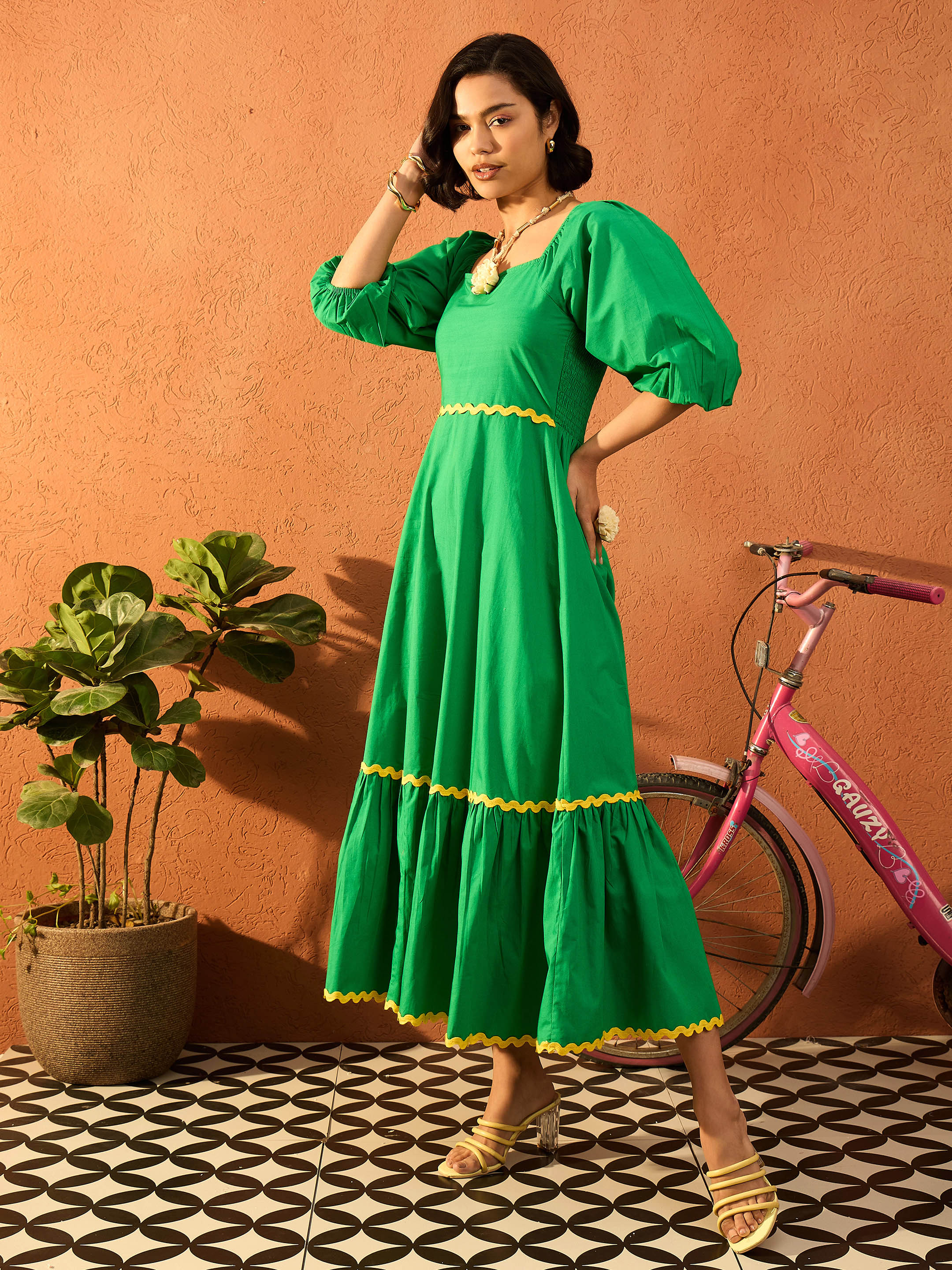 Women Green Ric Rac Lace Square Neck Maxi Dress-SFDRSS13087